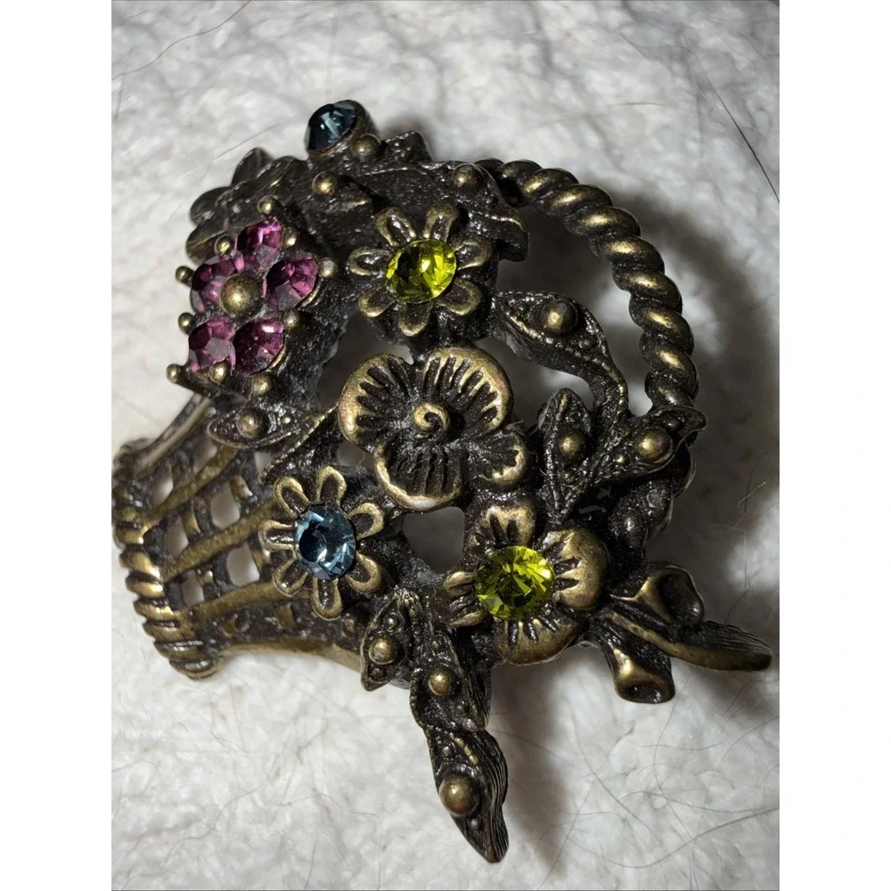 Vintage‎ Brooch Floral Basket Multi Rhinestone GoldTone Floral Pin 1.25